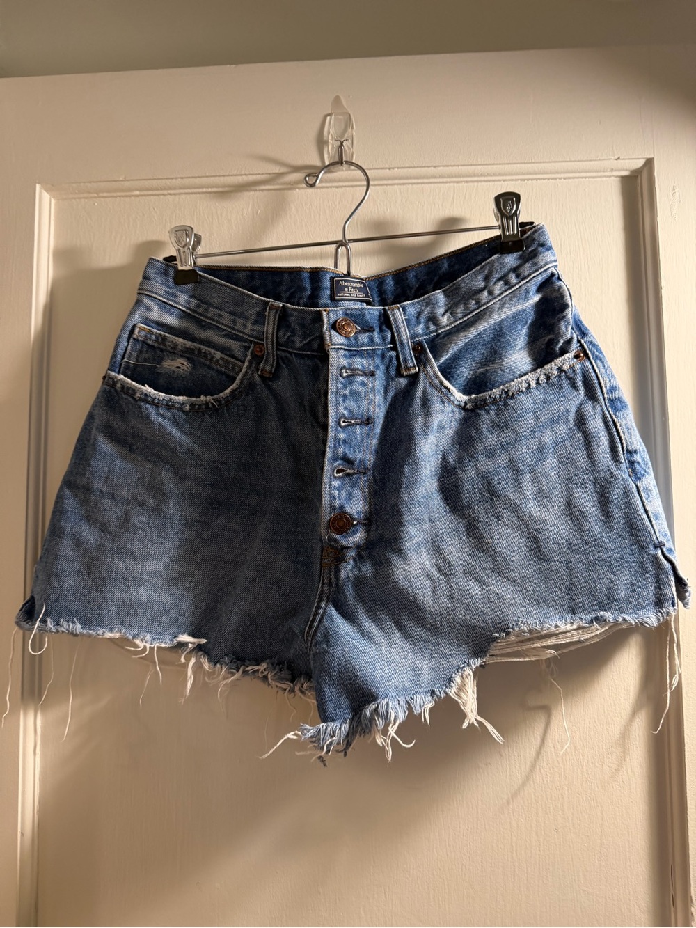 Abercrombie & Fitch Light Blue Button-Fly Distressed Denim Shorts